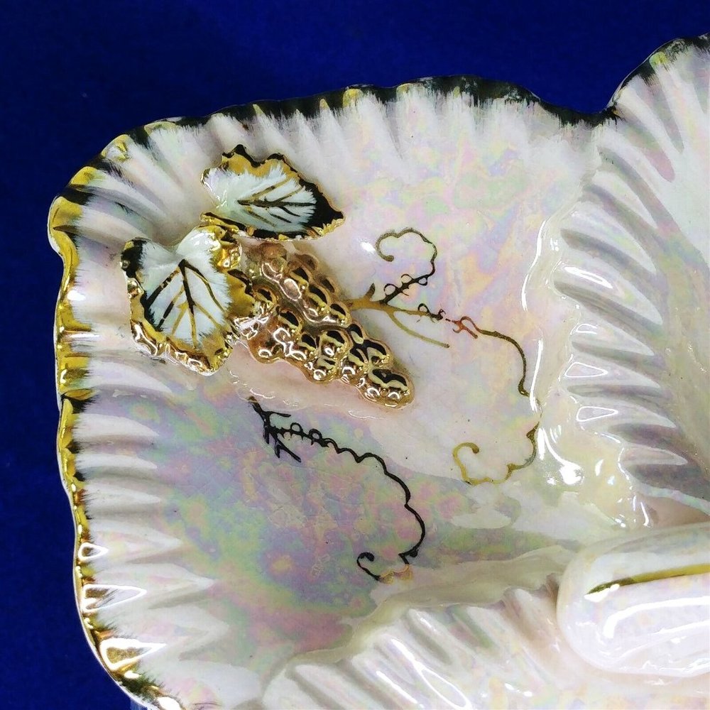 Dish Divided with Handle Pink Opalescent Gold Leaf Accents Collectible Vintage - Picture 6 of 9